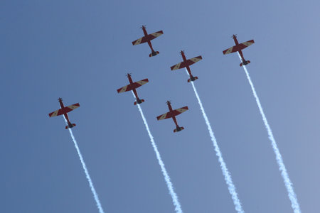 MELBOURNE, AUSTRALIA - JANUARY 26, 2019: The Royal Australian Air Force's Roulettes aerobatic display for 2019 Australia Day in Melbourne, Victoriaのeditorial素材