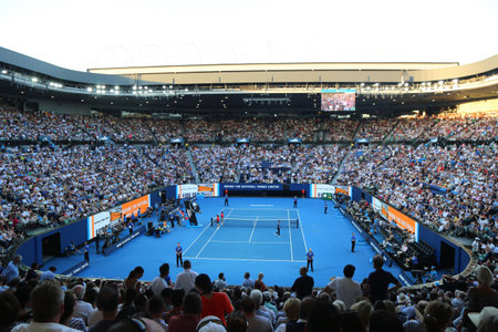 MELBOURNE, AUSTRALIA - JANUARY 24, 2019: Rod Laver arena during 2019 Australian Open match at Australian tennis center in Melbourne Park. It is the main venue for the Australian Open since 1988のeditorial素材