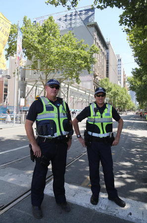 MELBOURNE, AUSTRALIA - JANUARY 26, 2019: Victoria Police Constable provides security during 2019...