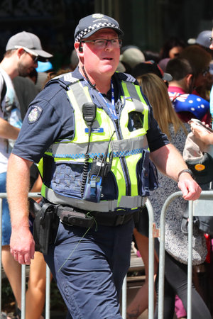 MELBOURNE, AUSTRALIA - JANUARY 26, 2019: Victoria Police Constable provides security during 2019...