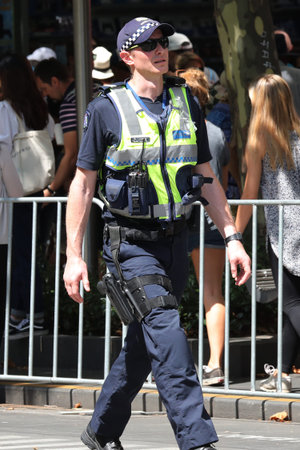 MELBOURNE, AUSTRALIA - JANUARY 26, 2019: Victoria Police Constable provides security during 2019...