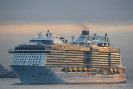 AUCKLAND, NEW ZEALAND - JANUARY 29, 2019: Royal Caribbean Cruise Ship Ovation of the Seas in Auckland Harbor. Ovation of the Seas is a Quantum-class cruise ship owned by Royal Caribbean Internationalのeditorial素材