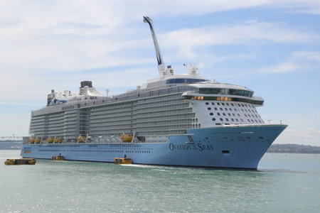 AUCKLAND, NEW ZEALAND - JANUARY 29, 2019: Royal Caribbean Cruise Ship Ovation of the Seas in Auckland Harbor. Ovation of the Seas is a Quantum-class cruise ship owned by Royal Caribbean Internationalのeditorial素材