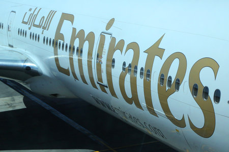 MELBOURNE, AUSTRALIA - JANUARY 28, 2019: Emirates Airline Boeing 777-300 ER aircraft on tarmac at Melbourne International Airport. Emirates is an airline based in Dubai, United Arab Emiratesのeditorial素材