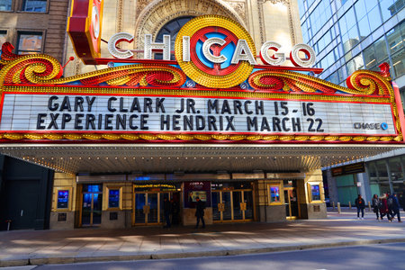 CHICAGO, ILLINOIS - MARCH 12, 2019: The famous Chicago Theater on State Street in Chicago, Illinois. Opened in 1921, the theater was renovated in the 1980's and is now owned by Madison Square Gardenのeditorial素材