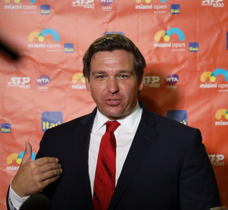 MIAMI GARDENS, FLORIDA - MARCH 27, 2019:  Florida Governor Ron DeSantis visits 2019 Miami Open at the Hard Rock Stadium in Miami Gardens, Floridaのeditorial素材