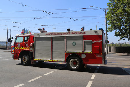 MELBOURNE, AUSTRALIA - JANUARY 22, 2019: Metropolitan Fire Brigade Heavy Rescue truck in Melbourne. The Metropolitan Fire Brigade (MFB) is one of the several fire services in Victoria, Australiaのeditorial素材