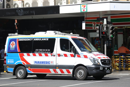 MELBOURNE, AUSTRALIA - JANUARY 22, 2019: Emergency ambulance in Melbourne, Australiaのeditorial素材