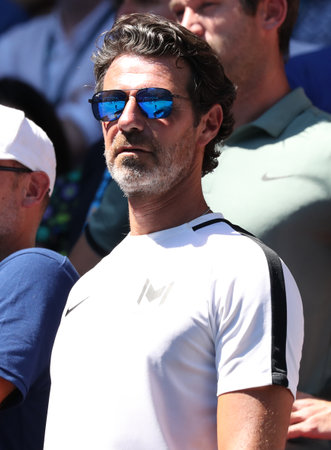 MELBOURNE, AUSTRALIA - JANUARY 21, 2019: Coach Patrick Mouratoglou attends Stefanos Tsitsipas quarter-final match at Australian Open 2019 in Melbourne Parkのeditorial素材