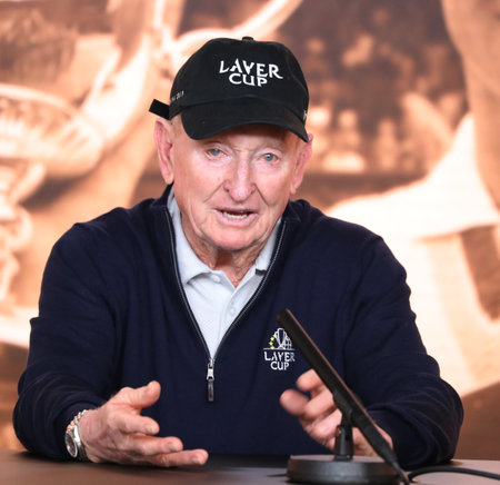 MELBOURNE, AUSTRALIA - JANUARY 23, 2019: Grand Slam champion Rod Laver addresses a press conference at the 2019 Australian Open tennis championships in Melbourne.のeditorial素材