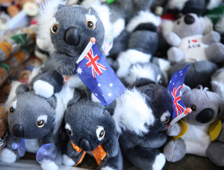 MELBOURNE, AUSTRALIA - JANUARY 24, 2019: Australian souvenirs on display at the Queen Victoria Market in Melbourne. It is a major landmark and the largest open air market in the Southern Hemisphereのeditorial素材