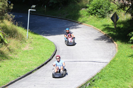 ROTORUA, NEW ZEALAND - FEBRUARY 3, 2019: Visitors rides on Skyline Rotorua Luge.The famous Luge has 3 tracks of differing skill levels winding through the forest of Mount Ngongotaha in Rotoruaのeditorial素材