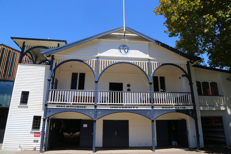 MELBOURNE, AUSTRALIA - JANUARY 28, 2019: Melbourne University rowing club house on the side of the Yarra River in Melbourneのeditorial素材