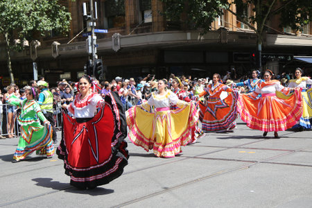 MELBOURNE, AUSTRALIA - JANUARY 26, 2019: Mexbourne Dance Co members participate at the 2019 Australia Day Parade in Melbourneのeditorial素材