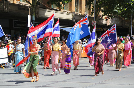 MELBOURNE, AUSTRALIA - JANUARY 26, 2019: Thailand community of Victoria members participate at the 2019 Australia Day Parade in Melbourneのeditorial素材