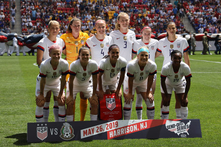 HARRISON, NJ - MAY 26, 2019: U.S. Women's National Soccer Team line-up  before friendly game against Mexico as preparation for 2019 Women"s World Cup on Red Bull Arena in Harrison, NJ. USA won 3 - 0のeditorial素材