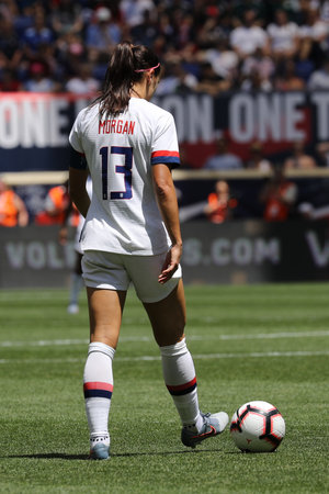 HARRISON, NJ - MAY 26, 2019: U.S. Women's National Soccer Team captain Alex Morgan #13 in action during friendly game against Mexico as preparation for 2019 Women's World Cup on Red Bull Arenaのeditorial素材
