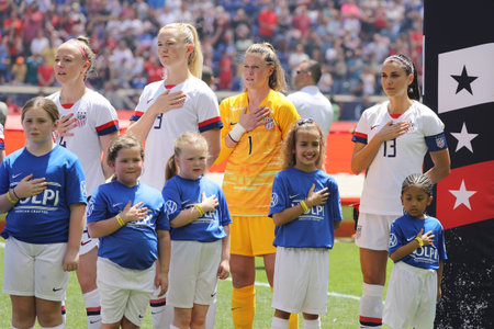 HARRISON, NJ - MAY 26, 2019: U.S. Women's National Soccer Team captain Alex Morgan #13 during National Anthem before friendly game against Mexico as preparation for 2019 Women's World Cup in Harrisonのeditorial素材