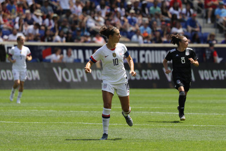 HARRISON, NJ - MAY 26, 2019: U.S. Women's National Soccer Team captain Carli Lloyd #10 in action during friendly game against Mexico as preparation for 2019 Women's World Cup on Red Bull Arenaのeditorial素材