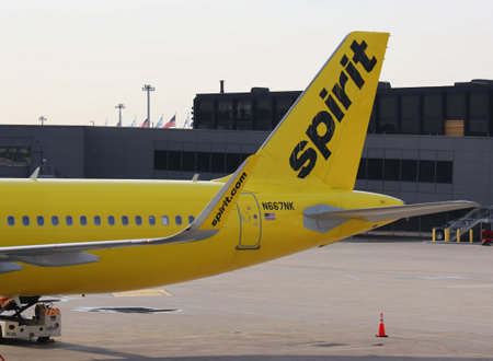 CHICAGO, ILLINOIS - MAY 24, 2019: Spirit Airlines Airbus A320 on tarmac at O'Hare International Airport in Chicagoのeditorial素材