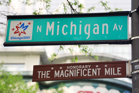 CHICAGO, ILLINOIS - MAY 24, 2019: The Magnificent Mile sign in Chicago, Illinoisのeditorial素材