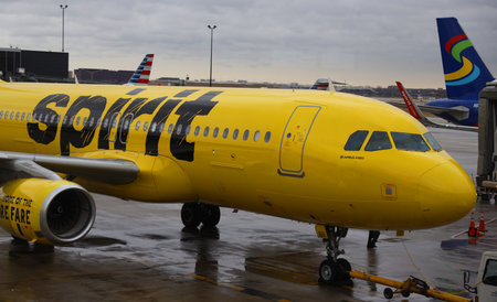 CHICAGO, ILLINOIS - MARCH 14, 2019: Spirit Airlines Airbus A320 on tarmac at O'Hare International Airport in Chicagoのeditorial素材