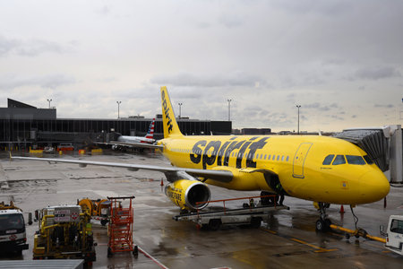 CHICAGO, ILLINOIS - MARCH 14, 2019: Spirit Airlines Airbus A320 on tarmac at O'Hare International Airport in Chicagoのeditorial素材