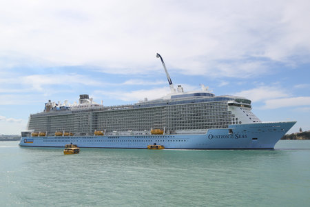 AUCKLAND, NEW ZEALAND - JANUARY 29, 2019: Royal Caribbean Cruise Ship Ovation of the Seas in Auckland Harbor. Ovation of the Seas is a Quantum-class cruise ship owned by Royal Caribbean Internationalのeditorial素材