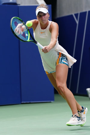 NEW YORK - SEPTEMBER 1, 2018: Professional tennis player Marketa Vondrousova of Czech Republic in action during her third round match at the 2018 US Open at Billie Jean King National Tennis Centerのeditorial素材
