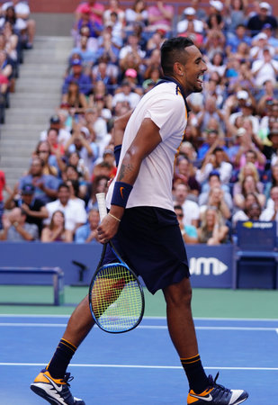 NEW YORK - SEPTEMBER 1, 2018: Professional tennis player Nick Kyrgios of Australia in action during his 2018 US Open round of 32 match at Billie Jean King National Tennis Centerのeditorial素材