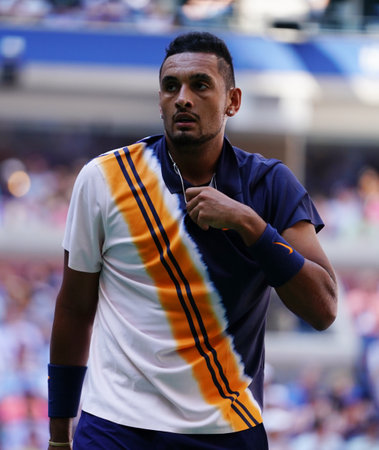 NEW YORK - SEPTEMBER 1, 2018: Professional tennis player Nick Kyrgios of Australia in action during his 2018 US Open round of 32 match at Billie Jean King National Tennis Centerのeditorial素材