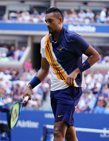 NEW YORK - SEPTEMBER 1, 2018: Professional tennis player Nick Kyrgios of Australia in action during his 2018 US Open round of 32 match at Billie Jean King National Tennis Centerのeditorial素材