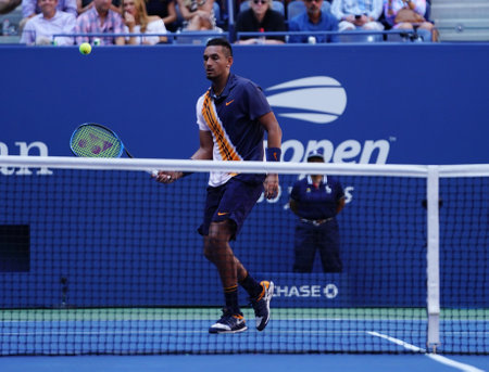 NEW YORK - SEPTEMBER 1, 2018: Professional tennis player Nick Kyrgios of Australia in action during his 2018 US Open round of 32 match at Billie Jean King National Tennis Centerのeditorial素材