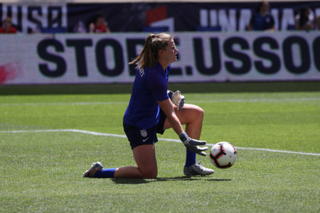 HARRISON, NJ - MAY 26, 2019: U.S. Women's National Soccer Team goalkeeper Alyssa Naeher #1 in action during warm up before friendly game against Mexico as preparation for 2019 Women's World Cupのeditorial素材