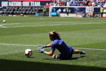 HARRISON, NJ - MAY 26, 2019: U.S. Women's National Soccer Team goalkeeper Alyssa Naeher #1 in action during warm up before friendly game against Mexico as preparation for 2019 Women's World Cupのeditorial素材