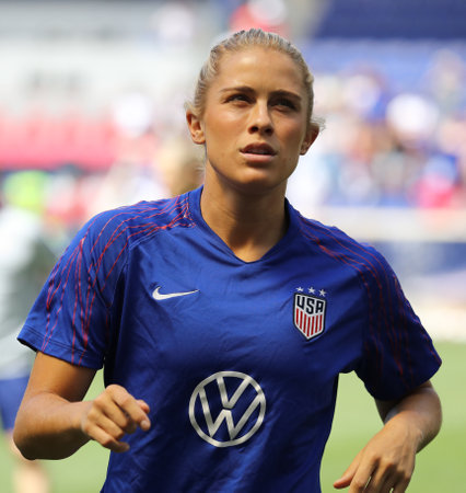 HARRISON, NJ - MAY 26, 2019: U.S. Women's National Soccer Team defender Abby Dahlkemper #7 in action during warm up before game against Mexico as preparation for 2019 Women's World Cup in Harrison, NJのeditorial素材