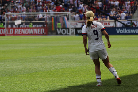 HARRISON, NJ - MAY 26, 2019: U.S. Women's National Soccer Team midfielder Lindsey Horan #9 in action during friendly game against Mexico as preparation for 2019 Women's World Cup in Harrison, NJのeditorial素材