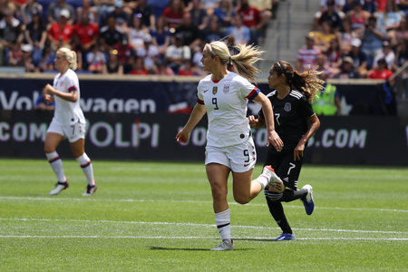 HARRISON, NJ - MAY 26, 2019: U.S. Women's National Soccer Team midfielder Lindsey Horan #9 in action during friendly game against Mexico as preparation for 2019 Women's World Cup in Harrison, NJのeditorial素材