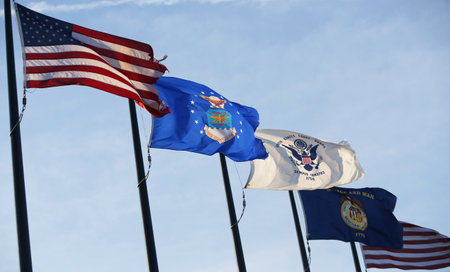 BROOKLYN, NEW YORK - FEBRUARY 14, 2019: Military flags of the United States in Brooklyn, New Yorkのeditorial素材