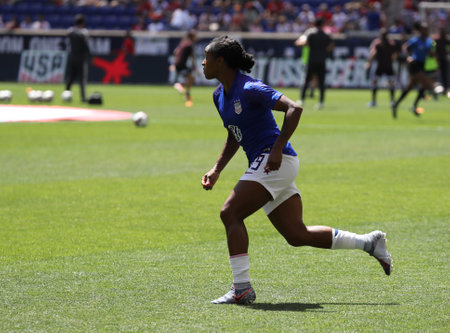 HARRISON, NJ - MAY 26, 2019: U.S. Women's National Soccer Team defender Crystal Dunn #19 in action during warm up before game against Mexico as preparation for 2019 Women's World Cup in Harrison, NJのeditorial素材