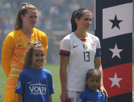 HARRISON, NJ - MAY 26, 2019: U.S. Women's National Soccer Team during National Anthem at Red Bull Stadium before friendly game against Mexico as preparation for 2019 Women's World Cup in Harrison, NJのeditorial素材