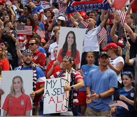 HARRISON, NJ - MAY 26, 2019: Soccer fans support U.S. Women's National Soccer Team at Red Bull Stadium during friendly game against Mexico as preparation for 2019 Women's World Cup in Harrison, NJのeditorial素材