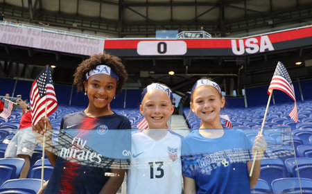 HARRISON, NJ - MAY 26, 2019: Soccer fans support U.S. Women's National Soccer Team at Red Bull Stadium during friendly game against Mexico as preparation for 2019 Women's World Cup in Harrison, NJのeditorial素材