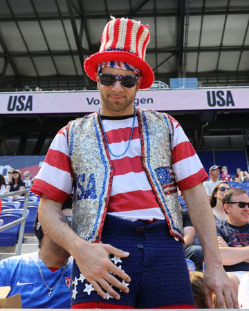 HARRISON, NJ - MAY 26, 2019: Soccer fans support U.S. Women's National Soccer Team at Red Bull Stadium during friendly game against Mexico as preparation for 2019 Women's World Cup in Harrison, NJのeditorial素材