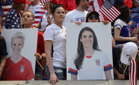 HARRISON, NJ - MAY 26, 2019: Soccer fans support U.S. Women's National Soccer Team at Red Bull Stadium during friendly game against Mexico as preparation for 2019 Women's World Cup in Harrison, NJのeditorial素材