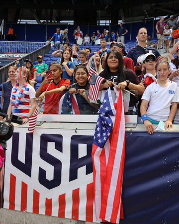 HARRISON, NJ - MAY 26, 2019: Soccer fans support U.S. Women's National Soccer Team at Red Bull Stadium during friendly game against Mexico as preparation for 2019 Women's World Cup in Harrison, NJのeditorial素材