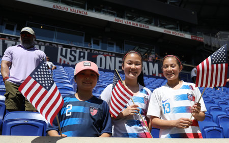 HARRISON, NJ - MAY 26, 2019: Soccer fans support U.S. Women's National Soccer Team at Red Bull Stadium during friendly game against Mexico as preparation for 2019 Women's World Cup in Harrison, NJのeditorial素材
