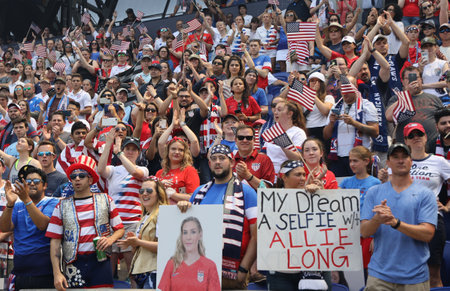 HARRISON, NJ - MAY 26, 2019: Soccer fans support U.S. Women's National Soccer Team at Red Bull Stadium during friendly game against Mexico as preparation for 2019 Women's World Cup in Harrison, NJのeditorial素材