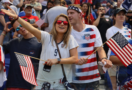 HARRISON, NJ - MAY 26, 2019: Soccer fans support U.S. Women's National Soccer Team at Red Bull Stadium during friendly game against Mexico as preparation for 2019 Women's World Cup in Harrison, NJのeditorial素材