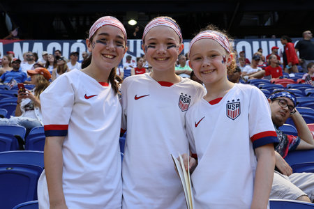 HARRISON, NJ - MAY 26, 2019: Soccer fans support U.S. Women's National Soccer Team at Red Bull Stadium during friendly game against Mexico as preparation for 2019 Women's World Cup in Harrison, NJのeditorial素材